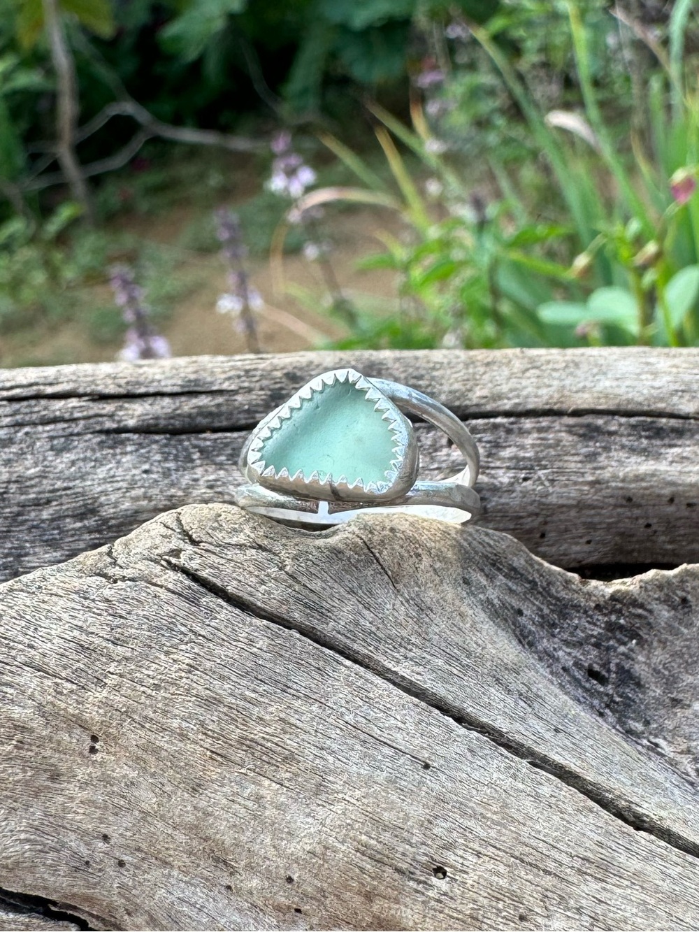 Hand Crafted Sterling Silver Ring with blue Sea Glass